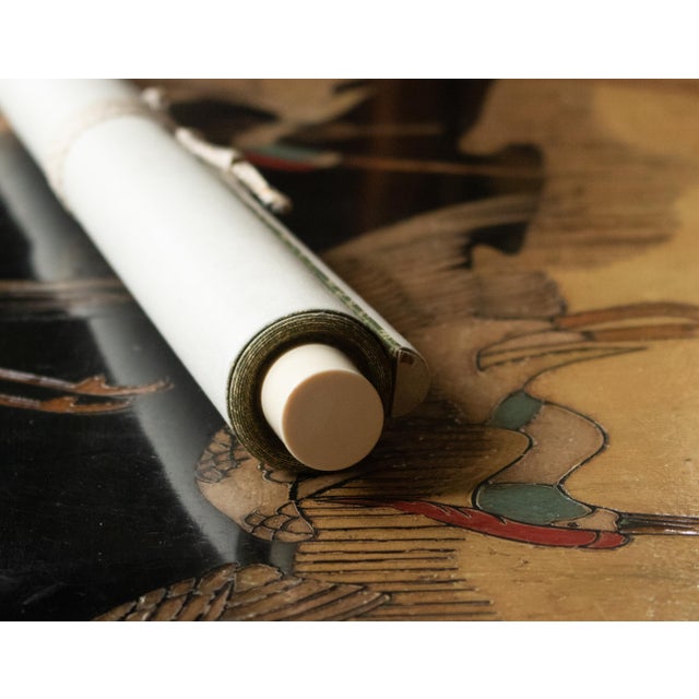 "Two Cranes and the Sun", Showa Era Japanese Monochrome Silk Scroll Painting For Sale - Image 15 of 18