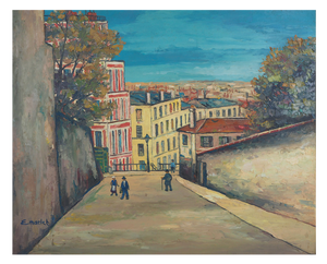 Elisée Maclet, In the Streets of Montmartre, Oil on Panel, Framed