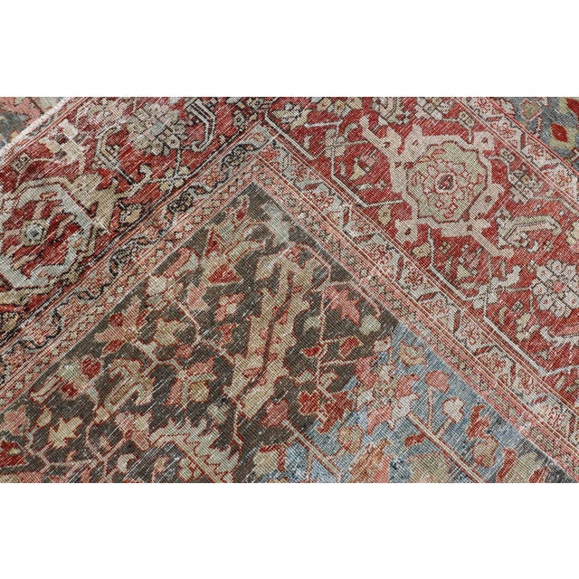 Persian Antique Serapi Rug With All-Over Geometric Design in Gray-Blue and Red For Sale - Image 14 of 14