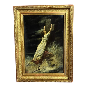 19thc Antique French Signed Oil on Board - Painting "Woman Imploring the Cross in the Ocean"
