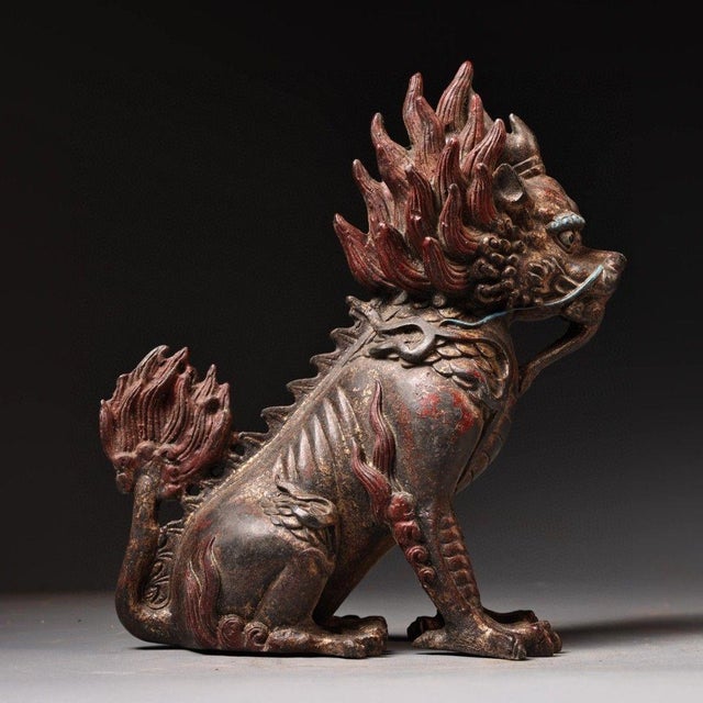 Gilt Bronze Qilin Statue With Cinnabar Accents For Sale In Los Angeles - Image 6 of 10