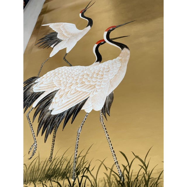 Gold Hand‑Painted Gold Leaf Crane Panoramic Mural Wall Panels For Sale - Image 8 of 8