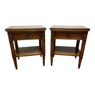 Mid 20th Century Pair Drexel Furniture Neoclassical Style Cherry Nightstands or Bedside Tables. For Sale
