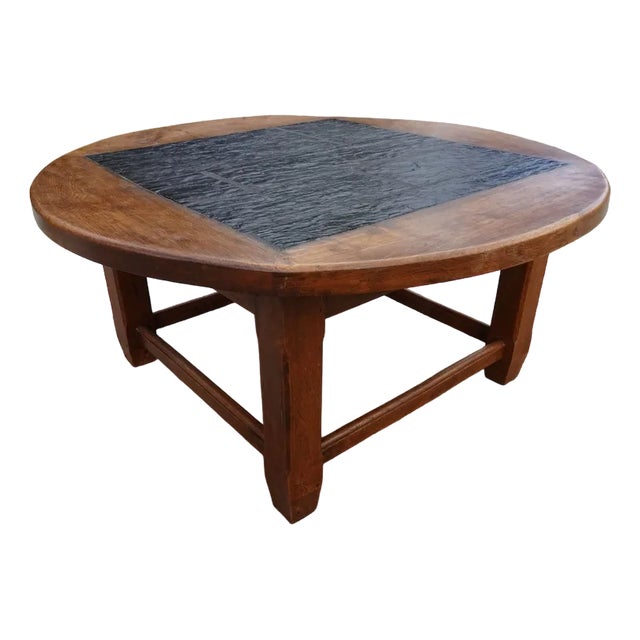 Large Brutalist Oak & Stone Inlay Coffee Table, 1970s For Sale