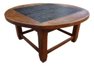 Large Brutalist Oak & Stone Inlay Coffee Table, 1970s