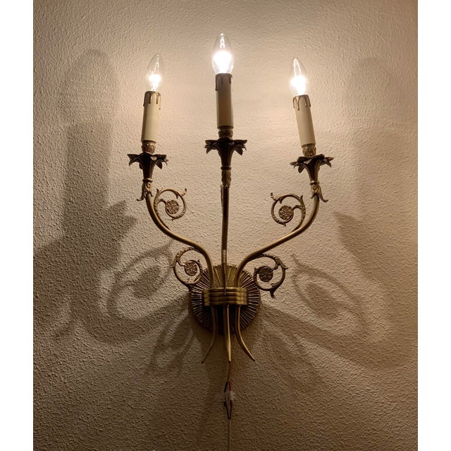 1950s Spanish French Neoclassical Cast Brass 3-Light Wall Sconce With Floral Rosettes For Sale - Image 11 of 12