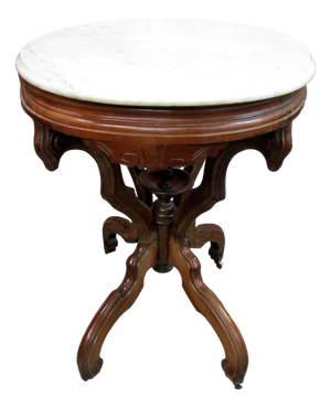 Antique Victorian Marble Top Parlor Table With Ornate Carved Wood Base & Wheels