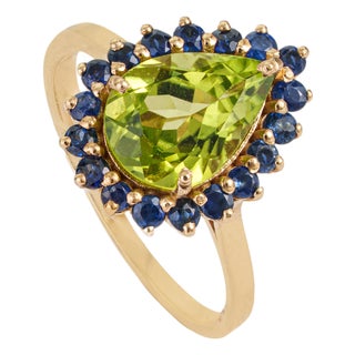 Peridot Blue Sapphire Halo Green 14k Gold Ring Size 8, Fine Jewelry by VRJewels For Sale