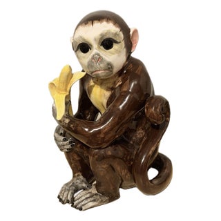 Vintage Extra Large Majolica Italian Sculpture Monkey & Banana Hand Painted Sitting. For Sale
