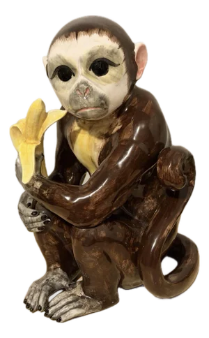 Vintage Extra Large Majolica Italian Sculpture Monkey & Banana Hand Painted Sitting.