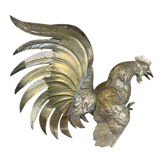 Vintage Sculptural Rooster Figurine in Possibly Brass With Oversized Tail Feathers. For Sale - Image 4 of 10