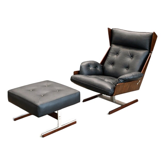 Brazilian Modern Armchair and Ottoman in Rosewood, Leather, and Metal, Jd Móveis, 1960s For Sale