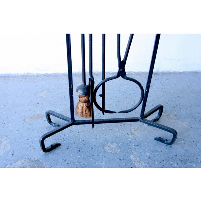 Edouard Schenck 1940's Vintage Wrought Iron Fireplace Tools Set With Stylized Antelope Edouard Schenck Style- 5 Pieces For Sale - Image 4 of 8