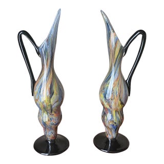 Exceptional Pair of Art Deco Hand-Blown Glass Pitchers by Degue, France, c.1920 For Sale