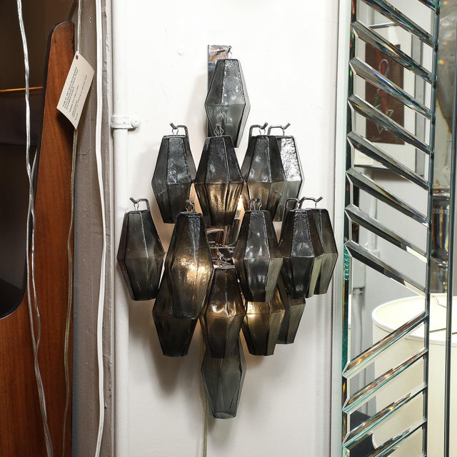Glass Pair of Modernist Smoked Gray Murano Glass Diamond-Form Polyhedral Wall Sconces For Sale - Image 7 of 18