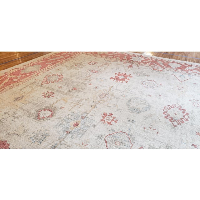Turkish Oushak Carpet, 1950s, Handmade Oriental Rug, Beige, Taupe, Coral For Sale - Image 16 of 18