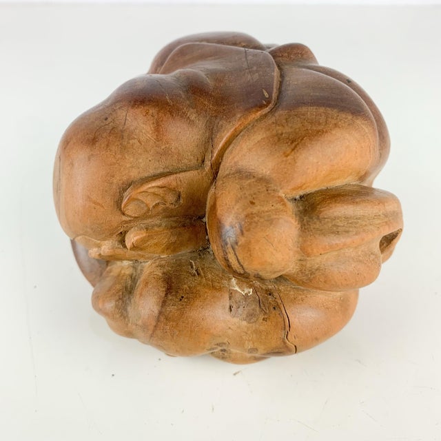 Vintage Hand Carved Yogi Man Weeping Buddha Solid Wooden Sculpture Home Altar For Sale - Image 10 of 11