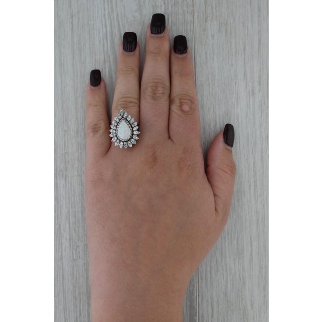 Modern Vintage Pear Opal Diamond Halo Ring 14k White Gold Size 6-6.25 Cocktail For Sale - Image 3 of 8