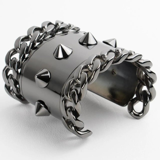 Givenchy Paris High-Gloss Gunmetal Chains and Studs Cuff Bracelet For Sale - Image 13 of 16