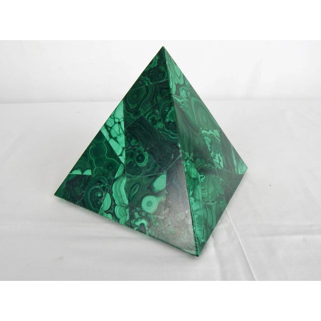 Decorative malachite pyramid figure crafted from sourced natural malachite. No maker's mark.