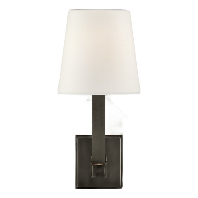 Chapman & Myers for Visual Comfort Signature Square Tube Single Sconce in Bronze with Linen Shade For Sale