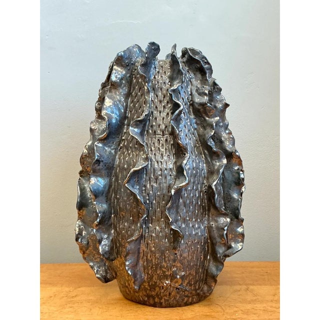 Mid-Century Modern Vintage Silver Ruffle Studio Pottery Vase For Sale - Image 3 of 13