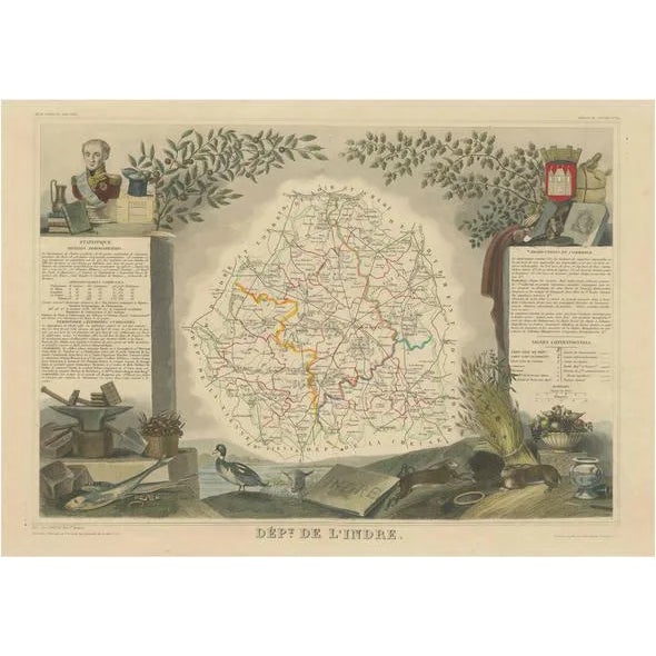 Antique Map of the Department of Indre For Sale