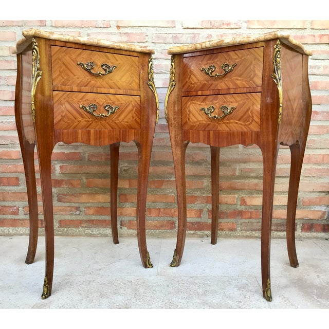Antique Louis XV French Marquetry Marble Top Nightstands, Set of 2 For Sale - Image 16 of 17