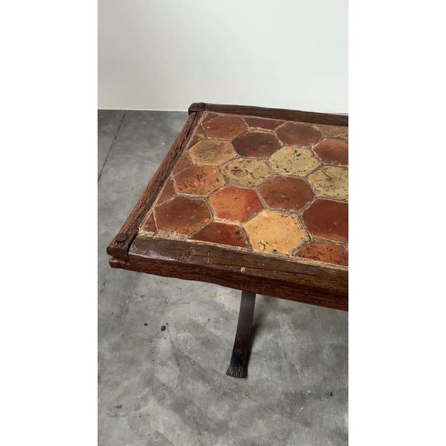 Vintage French Terracotta Tile Coffee Table with Oak and Iron Base, France For Sale - Image 11 of 12