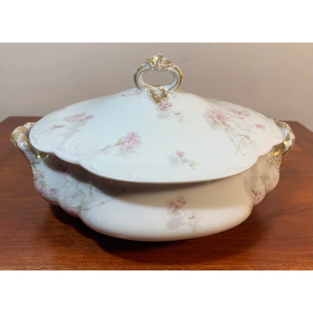 Antique 1890’s Haviland & Co. France scalloped edge serving bowl with lid. Features a delicate pink rose of Sharon pattern...