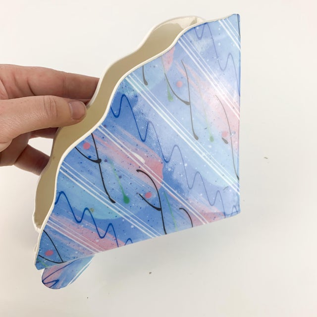 1980s Vintage 80s Post Modern Art Pottery Memphis Style Blue Pink Line Napkin Holder For Sale - Image 5 of 8