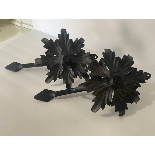 Late 20th Century Vintage Pair of Iron Medallion Candle Wall Sconces Medieval Gothic Spanish Revival Candle Holders Morning Star Style For Sale - Image 5 of 5