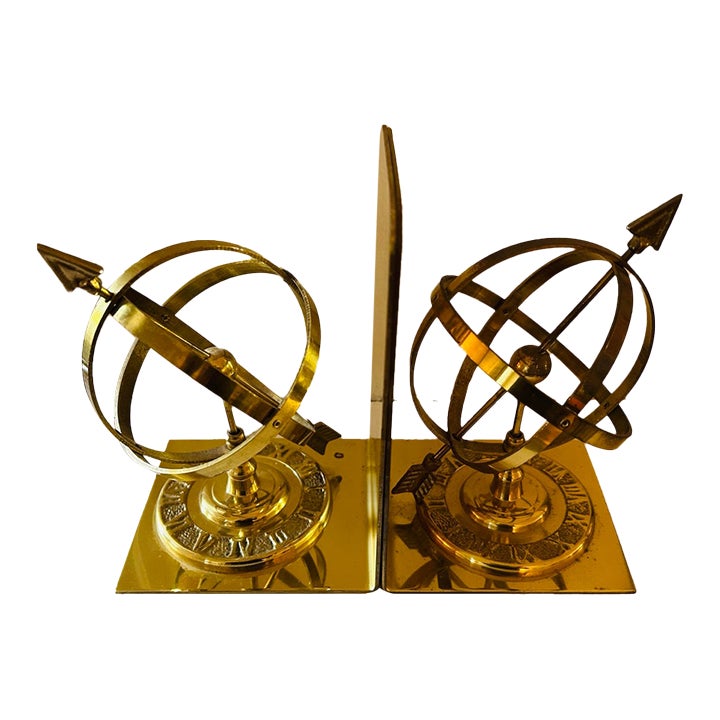 Pair Vintage Mid-Century Brass Armillary Sphere & Arrow Bookends | Chairish