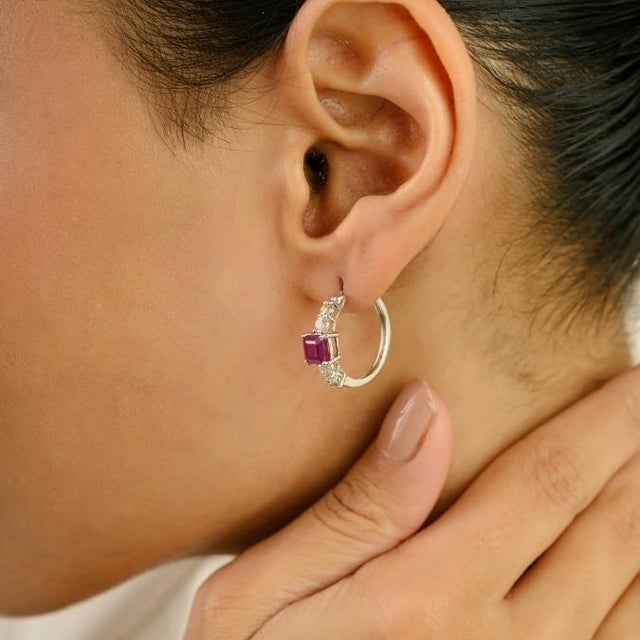 Ruby Red 18k White Gold 1.9Ct Red Ruby & Diamond Huggie Earrings for Women- 2 Pieces For Sale - Image 8 of 13