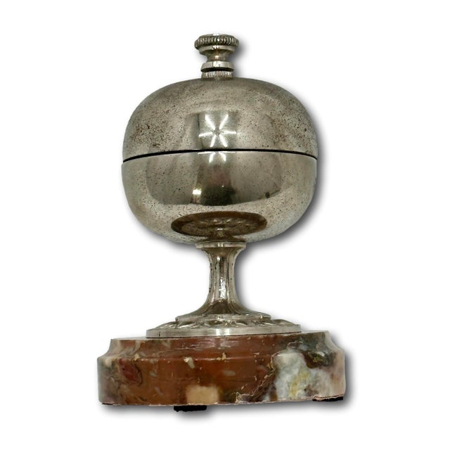 French Fine Antique Nickel Plated Bronze & Marble Front Desk Bell With Rotating Knob Old Telephone Style Ring Tone For Sale - Image 3 of 11
