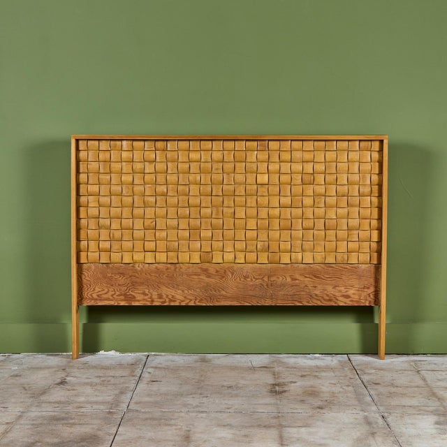 Stunning oak full size headboard designed by Paul Laszlo for Brown Saltman c.1950s, USA as part of the "Basket Weave"...