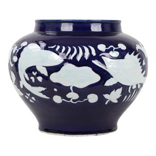 20th Century Chinese Cobalt Blue Glaze With Carved White Fish & Seaweed Design Jar For Sale