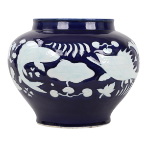 20th Century Chinese Cobalt Blue Glaze With Carved White Fish & Seaweed Design Jar