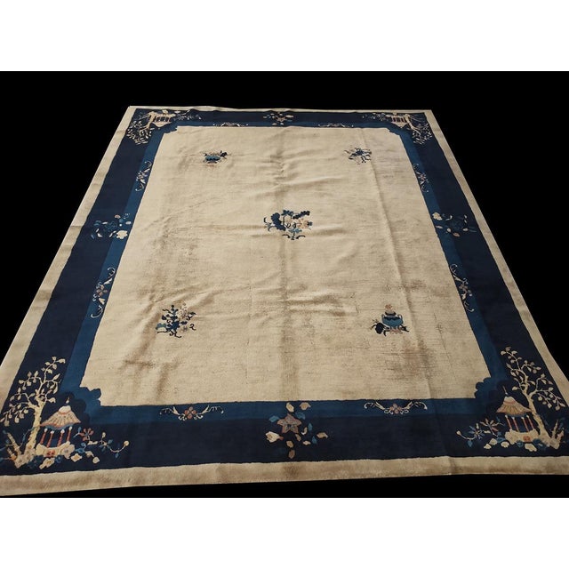 Chinese 1930s Beige Floral Antique Chinese Peking Rug 8'0"x 9'8" Handknotted Wool Carpet For Sale - Image 3 of 4