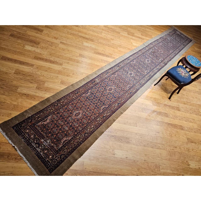 Antique Persian Serab Camel Hair Runner Rug, Hand-Knotted Wool, Allover Geometric Pattern, Red & Blue, 3x20 For Sale - Image 4 of 15