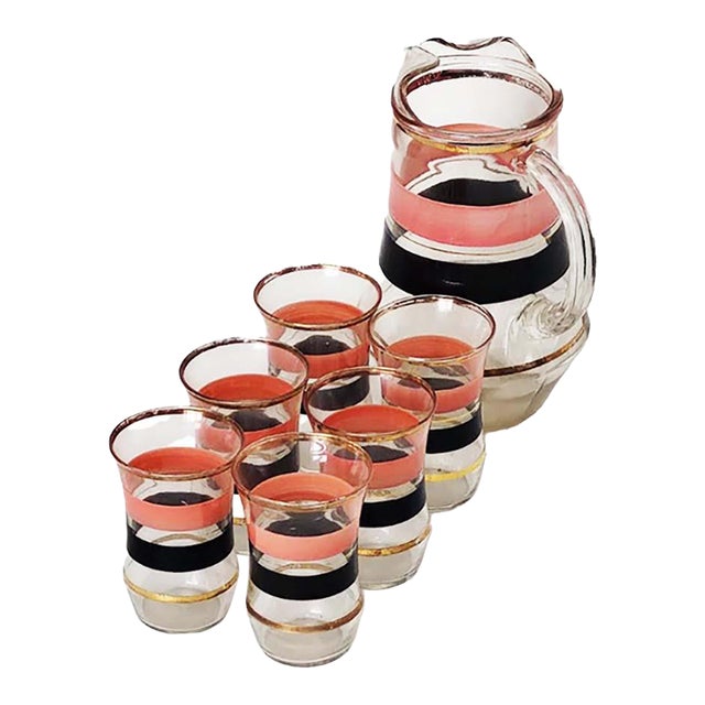 Vintage MCM Fire King Glassware Set - Pitcher & 6 Juice Glasses For Sale