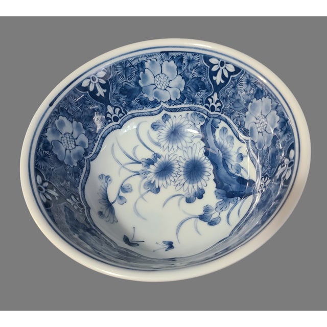 Vintage Blue & White Porcelain Floral Japanese Asian Serving Bowls, Marked- a Pair For Sale - Image 4 of 7