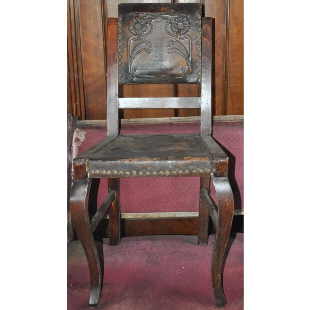 Set of Antique Embossed Leather Dining Chairs, 1900s For Sale - Image 10 of 11