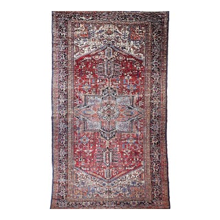 Antique Oversized Persian Heriz Serapi Rug, Hand-Knotted Wool, Geometric Pattern, Red & Navy, 10x20 For Sale