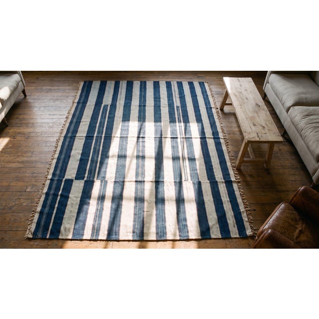 Blue 1920s Blue White Stripe Antique Agra Dhurrie Indian Rug 8'6" X 13'2" Flat Weave Cotton Carpet For Sale - Image 8 of 10