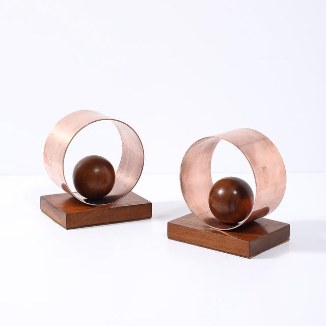 Pair of Art Deco Machine Age Loop Form Bookends in Copper & Walnut For Sale In New York - Image 6 of 10