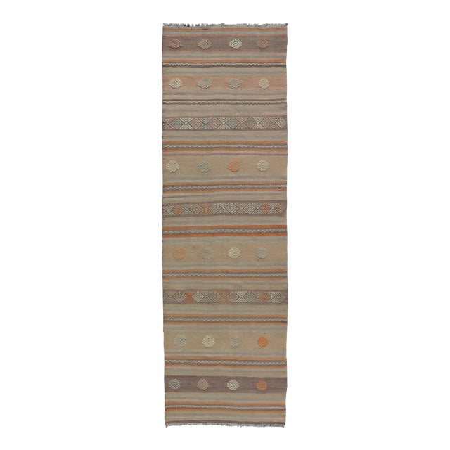 Mid 20th Century Vintage Turkish Flat-Weave Kilim in Muted Colors With Stripes and Embroideries For Sale