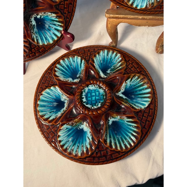Vintage French Vallauris Majolica Oyster Plate Brown Blue Mid Century Seafood Platters-3 Plates For Sale In Salt Lake City - Image 6 of 11