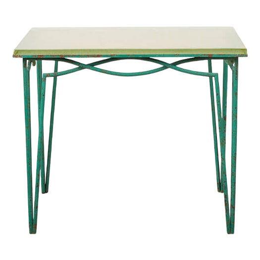 Side Table in Green Lacquered Wrought Iron and Sand-Colored Glass Top For Sale