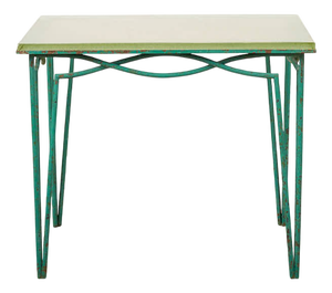 Side Table in Green Lacquered Wrought Iron and Sand-Colored Glass Top